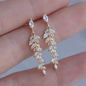 NEW 14K Gold Plated Diamond Leaf Drop Earrings